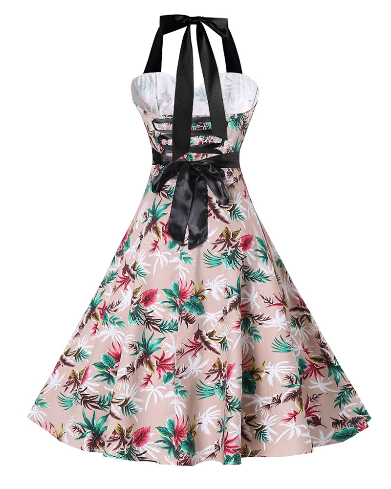 SZ60092-1 Vintage Halter Floral 50s Retro Rockabilly Swing Cocktail Prom Dress